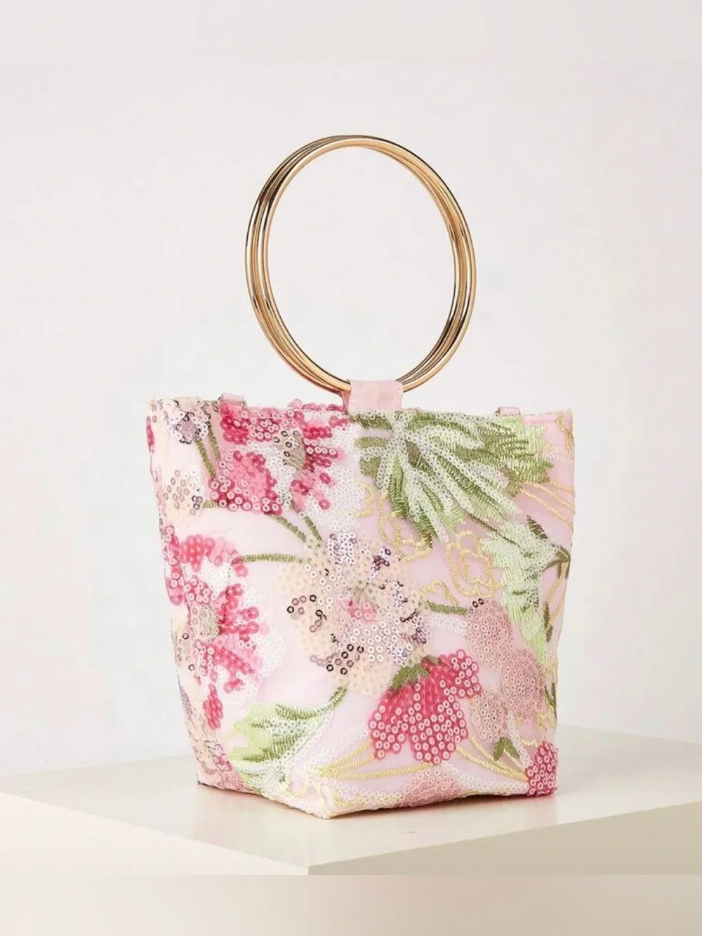 Pink Floral Sequin Ring-Handle Tote